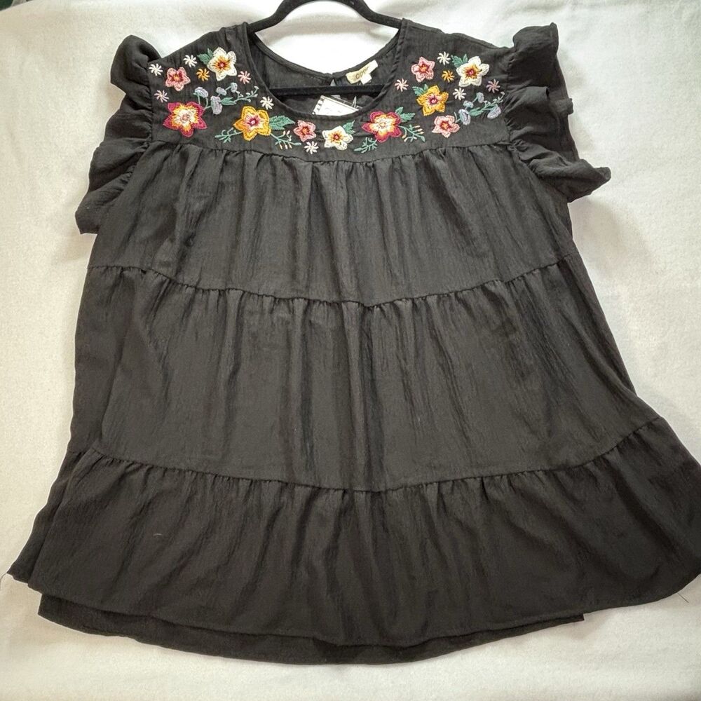 ODDY Peasant Top Black Embroidered Boho Indie Hipster Summer Blouse
